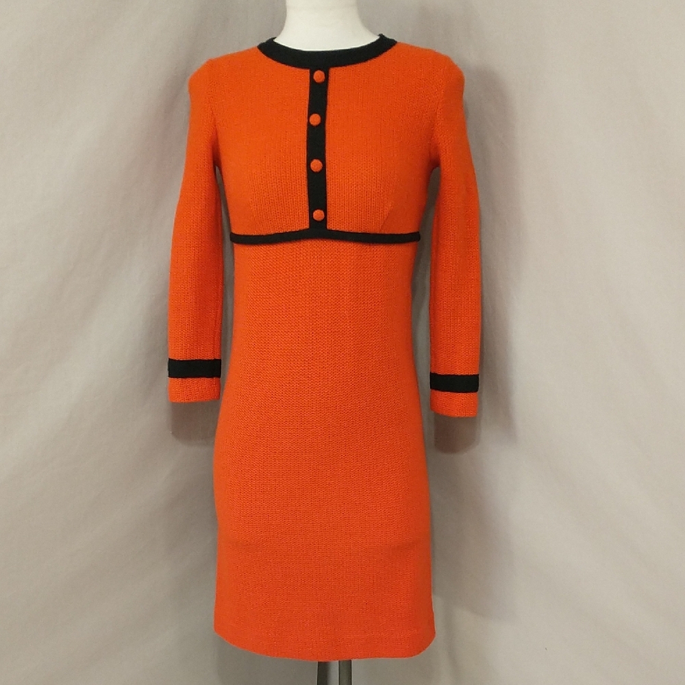Vintage 60s Knit Sweater Dress Orange & Black Long Sleeve Bright Color USA Made